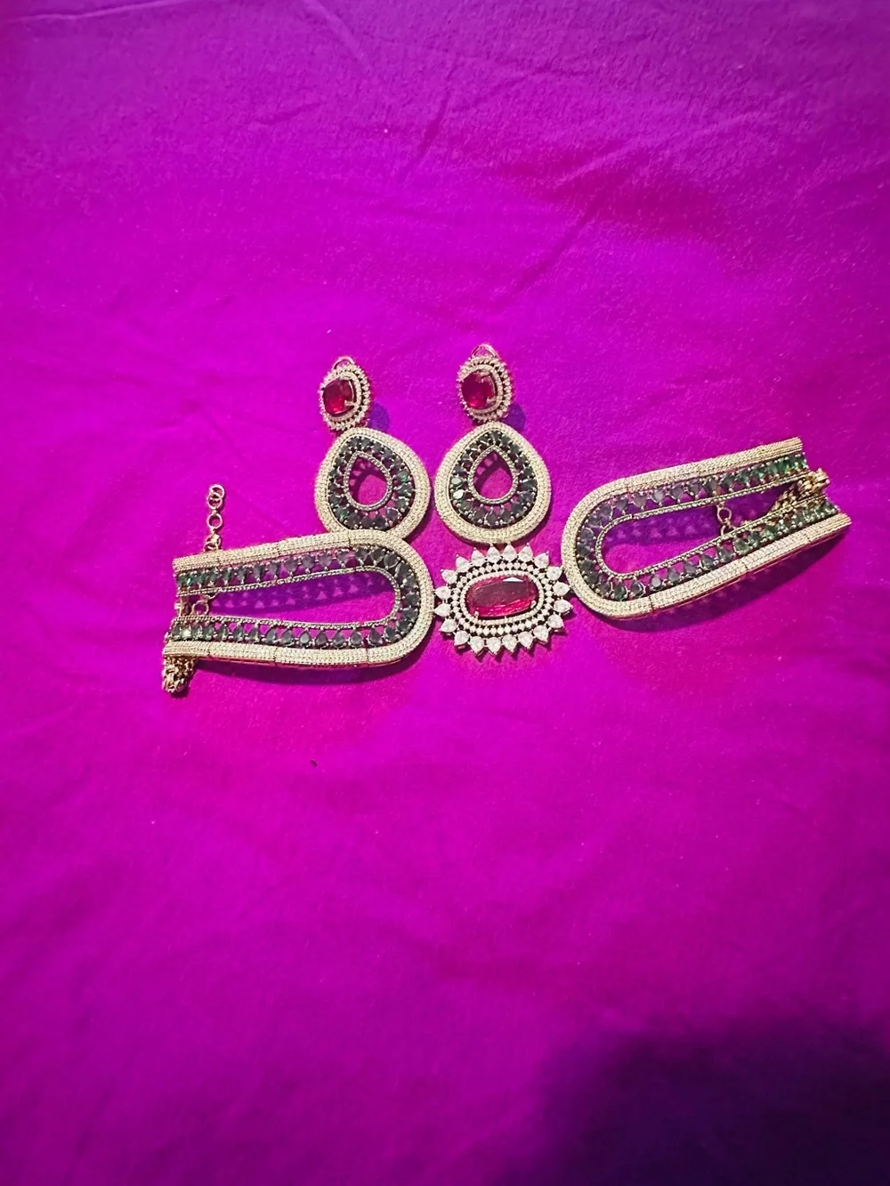 Gold-Tone Statement Necklace with Pink and Green doublet and Moissanite stones